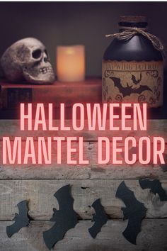 a lighted sign that says halloween mantel decor next to a bottle with bats on it