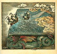 an old book cover with a ship in the ocean and other sea creatures surrounding it