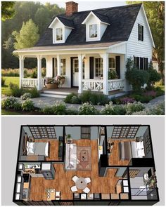 two pictures show the different rooms in a house, and one shows an open floor plan