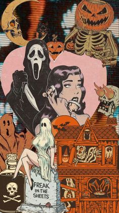 a collage of halloween images with ghost, pumpkins, and skeletons in the background