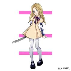 a girl in a dress holding a knife with pink stripes around her neck and the words x - artz on it