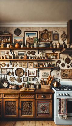 a kitchen filled with lots of wooden furniture and pictures on the wall above it's stove top