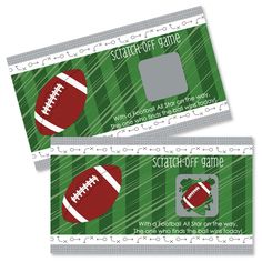 two tickets with footballs on them and the words scratch off game written in white