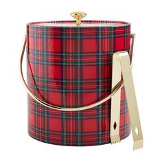 a red and green plaid bucket with gold handles