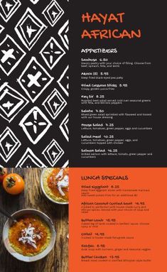 an orange and black menu for a restaurant