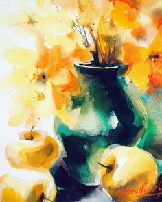 a painting of yellow flowers and apples in a green vase with watercolors on paper