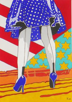 a painting of a woman with polka dots and high heels in front of an american flag