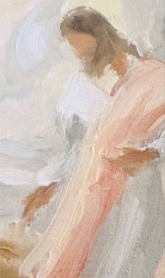 an abstract painting of a woman holding a book in her hands and looking down at the ground