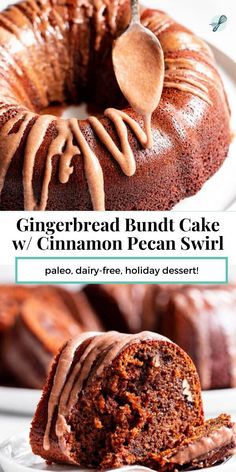 there is a bundt cake with cinnamon frosting on it