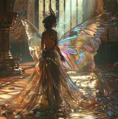 a fairy standing in the middle of a room with lots of light shining on her