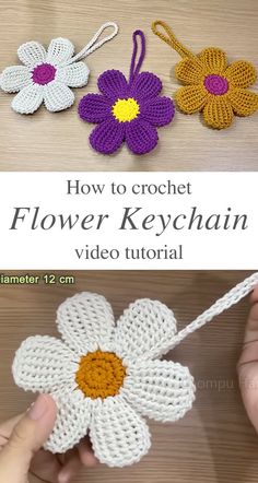 crochet flower keychain with video instructions on how to crochet