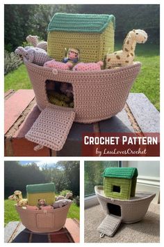 crochet pattern for a toy boat with horses and giraffes in it