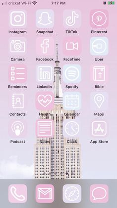 the new york city skyline is shown in pink and white, with icons above it