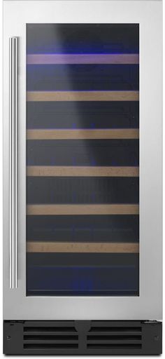 a stainless steel wine cooler with blue and brown stripes on the front, sitting against a white background