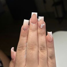 Cute Short Acrylic Nails 3d Flowers, Deep French Tip Nails With Design, Short Acrylic Nails White And Pink, Clear White Short Nails, Short Tan Acrylic Nails, White Frenchies Nails Short, Nails For Graduation Short, Acrylic Flower Nails Short, Short Acrylic Nails With Flower Design