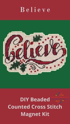 Holly Believe Mill Hill Counted Cross Stitch Glass Bead Magnet Ornament Kit  Makes 1 Magnet  Size - 3.5" x 2.25"  Kit contents:  - Mill Hill Glass Beads  - Mill Hill 14ct perforated or painted perforated paper  - Mill Hill Glass or Crystal Treasure  - Floss  - Needles  - Magnet  - Chart