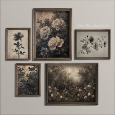 four framed floral paintings hanging on the wall