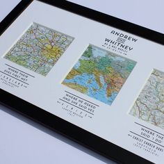 three framed maps are displayed in a black frame