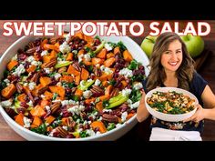 a woman holding a plate with salad in it and the words sweet potato salad above her