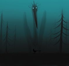 a bird is standing in the middle of a swampy area with tall trees and glowing eyes