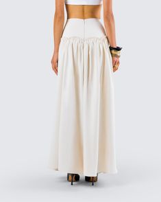 Elevate your look with this cream ruched maxi skirt 🤍 With a fitted waist and a voluminous skirt - this piece, made from poly suiting fabric, will add the perfect amount of dramatics to your look 😙 Voluminous Skirt, Suiting Fabric, Black Off Shoulder, Graphic Top, White Jersey, Elevate Your Look, Pocket Pants, White Mini Dress, Jumpsuit Dress