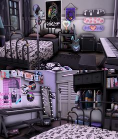 Sim4 Bedroom Ideas, Y2k Bloxburg House Layout, Sims 4 Goth Bedroom, Sims 4 Game Room, Sims 4 Gamer Room, Sims 4 Gaming Room, Teen Bedroom Sims 4, Sims 4 Basement