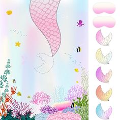 PRICES MAY VARY. Material - Mermaid party pin game posters and tails made of high-quality coated paper, thick and sturdy, can be used repeatedly Perfect for any occasion - Whether it's a birthday party, family gathering, or school event, Pin The Tail on The Mermaid party game is a fun and entertaining game for everyone. Poster size - 53*72cm/21*29in, Exquisite mermaid poster can also be used as home decoration. What You Will Get - 1pc *large mermaid poster, 2pcs *blindfold, 24pcs *mermaid tail, Girl Dinosaur Party Decorations, Dinosaur Party Games, Mermaid Party Games, Birthday Party Mermaid, Dinosaur Game, Girl Dinosaur Party, Pin The Tail, Girl Birthday Party Favors, Dinosaur Party Decorations