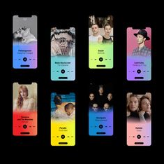 six different colored cards with photos on them, all showing the same person's face