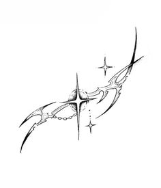 a black and white drawing of a cross with stars on the side, as well as an arrow