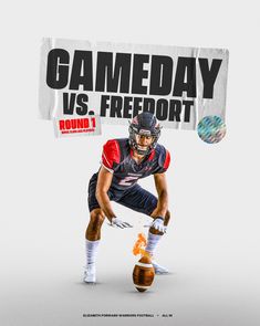 a football player holding a ball in front of a sign that reads gameday vs freeport