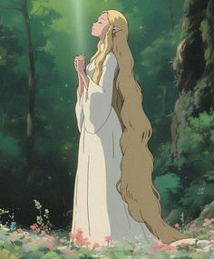 a woman with long hair standing in front of trees and flowers, looking up at the sky