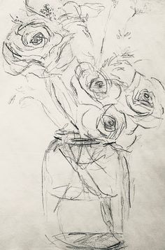 a black and white drawing of flowers in a vase