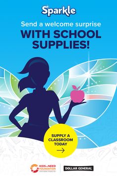 an advertisement for sparkle school supplies with a silhouette of a girl holding an apple in her hand