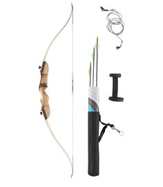 a bow and arrow with two arrows attached to the back of it, next to an archery set