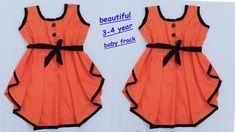 an orange dress with black trims and buttons on the front, two different views