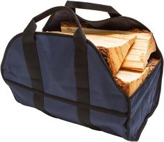 a blue bag filled with logs on top of a white background