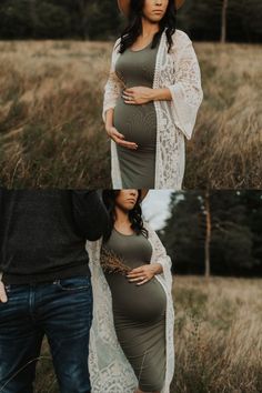 a pregnant woman wearing a hat standing next to a man