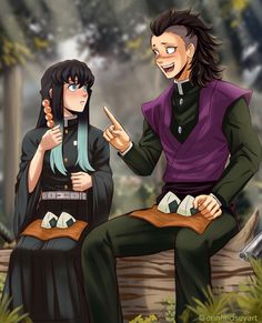 two anime characters sitting on a bench in the woods, one pointing at another person's finger