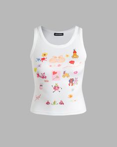 Details: White crop top with cute cartoon graphical printsTop Length: CroppedSleeve Length: SleevelessMaterials:95% Polyester + 5% Spandex Y2k Graphic Print Sleeveless Crop Top, Fitted Graphic Print Cute Tank Top, Fun Cartoon Print Tops For Spring, Playful Crop Top For Summer, Spring Fun Tops With Cartoon Print, Sleeveless Hello Kitty Print Top, Fun Cartoon Print Spring Tops, Playful Cropped Crop Top For Spring, Kawaii Sleeveless Tops For Spring