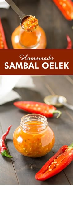 a spoon full of jam next to some red peppers on a cutting board with the words sammak sembal oleek