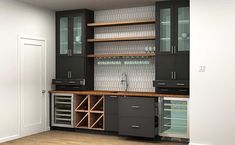 a kitchen with cabinets and wine racks in it