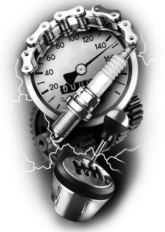 a speedometer is shown in black and white, with lightning coming from behind it