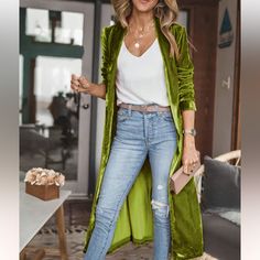 Open Front Mossy Olive Green Velvet Long Cardigan 21” Pit To Pit 47” L Velvet Cardigan, Womens Dress Tops, Chic Cardigan, Boutique Wholesale, Cardigan Outfit, Sweaters Women, Women Hoodies, Clothing Wholesale, Women Sweaters