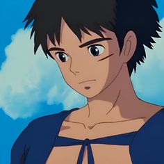 an anime character with black hair and blue eyes looks at the camera while standing in front of clouds