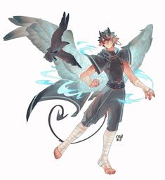 an anime character with wings and a bird on his shoulder