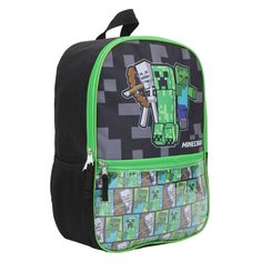 Embark on a school adventure with the Minecraft 5-Piece Backpack Set, perfect for fans of the beloved game. This vibrant collection includes:

- Backpack: 16"H x 12"W x 5"D
- Insulated lunch tote
- Water bottle
- Reusable mini bag
- Zippered utility bag

Each item features colorful, dynamic prints of popular Minecraft characters, crafted from durable polyester. The backpack is designed with mesh side pockets for easy water bottle access, while the lunch tote's insulated interior ensures food sta Character Bags For Back To School, Back To School Character Backpack Rectangular, Character Rectangular Bags For Back To School, Back To School Character Bag Rectangular, Character Backpack For Back To School, Rectangular Shape, Back To School Character Bag With Rectangular Shape, Themed Green Standard Backpack, Character Style School Bags For Back To School, Back To School Character Standard Backpack