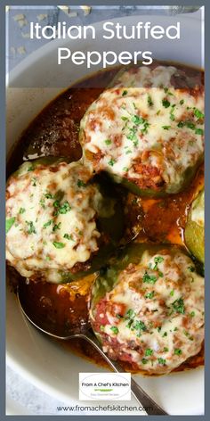 italian stuffed peppers in a white bowl with a spoon