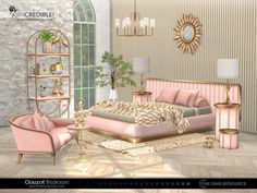 the bedroom is decorated in pastel pink and gold colors, with an elegant bed