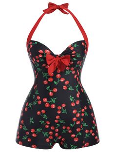 Retro Party Swimwear Fitted, Retro Fitted Party Swimwear, Fitted Cherry Print Swimwear For Spring, Fitted Pinup Swimwear, Retro Fitted Sleeveless Swimwear, Fitted Sleeveless Pinup Swimwear, Retro Fitted Black Swimwear, Retro Sleeveless Swimwear For Party, Retro Black Stretch Swimwear