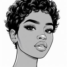 a black and white drawing of a woman's face with curly hair, wearing earrings